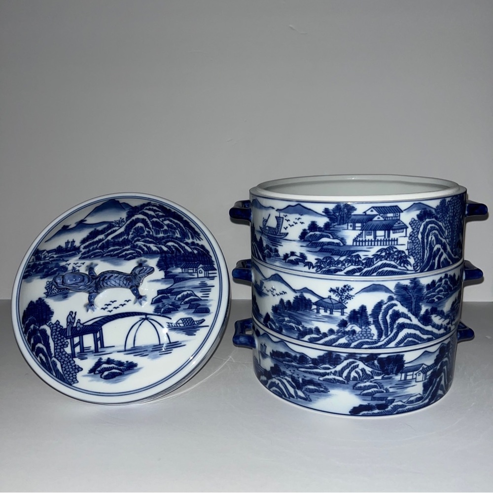 Rare Bombay Porcelain Blue Willow Tiffin Lunch Box Chinese Dragon Stacking Dish - Picture 2 of 9